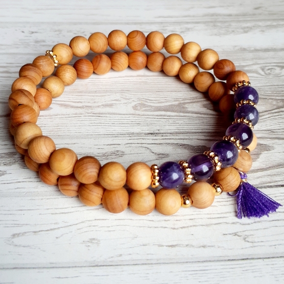 Jewelry - Natural Wood/ Amethyst Gemstone Bracel…